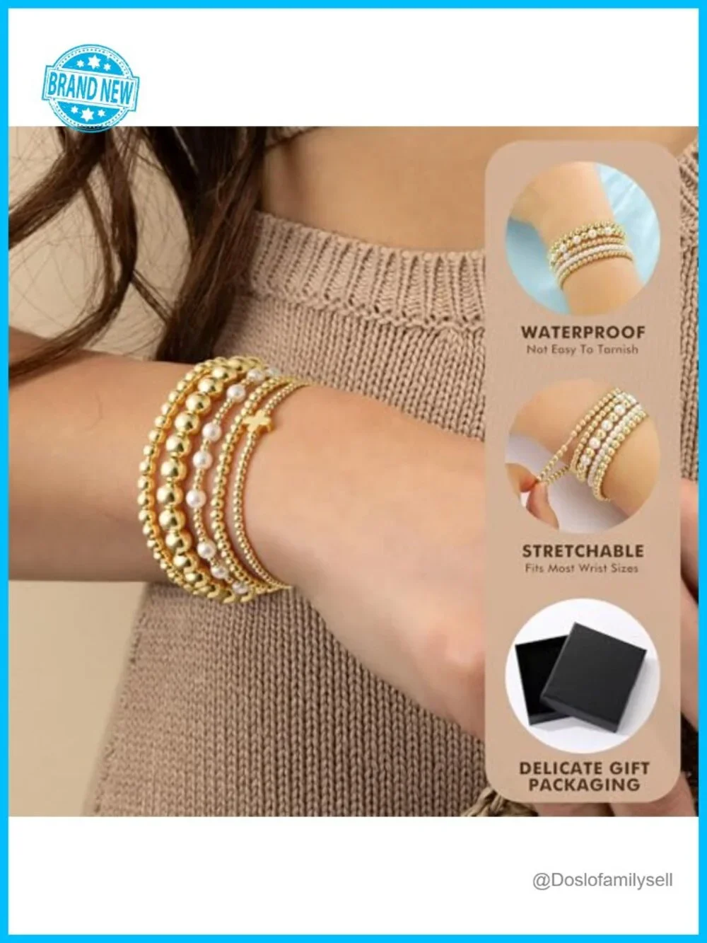 14K Gold Plated Dainty Beaded Pearl Cross Bracelet Stack 5-Piece Set Stretch